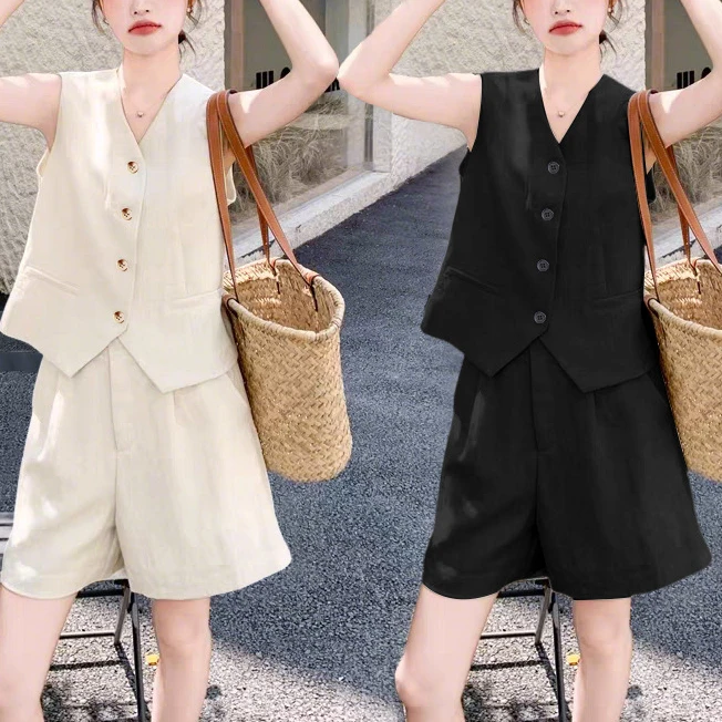 【两件套】2025夏季气质百搭减龄套装时尚老钱风休闲无袖马甲+短裤