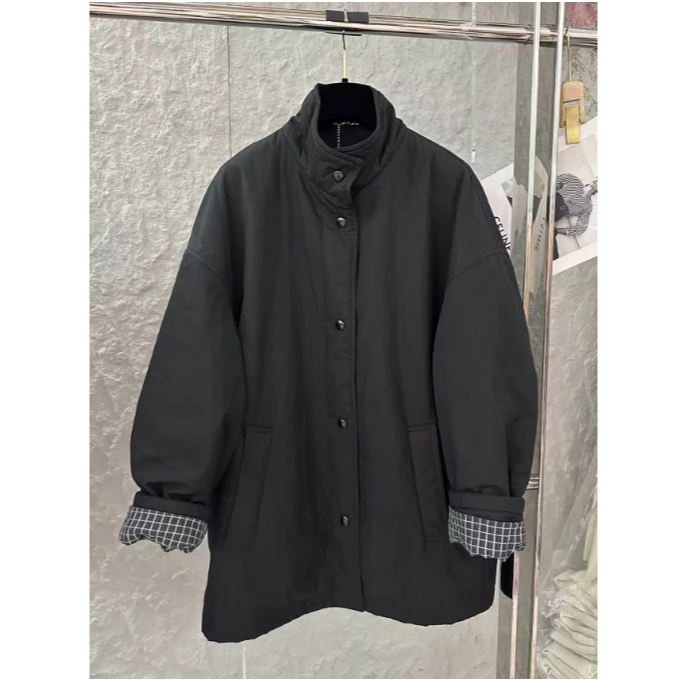 高端欧货女秋冬季新款宽松休闲立领单排扣棉服外套格子拼接大衣女