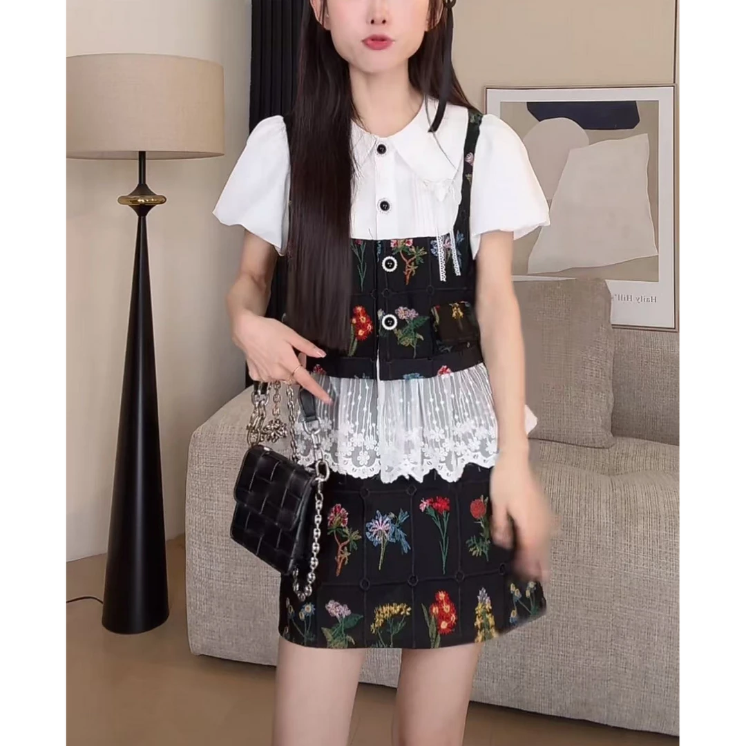 老钱风时尚套装女2025夏季新款蕾丝拼接马甲衬衫搭配半身裙两件套