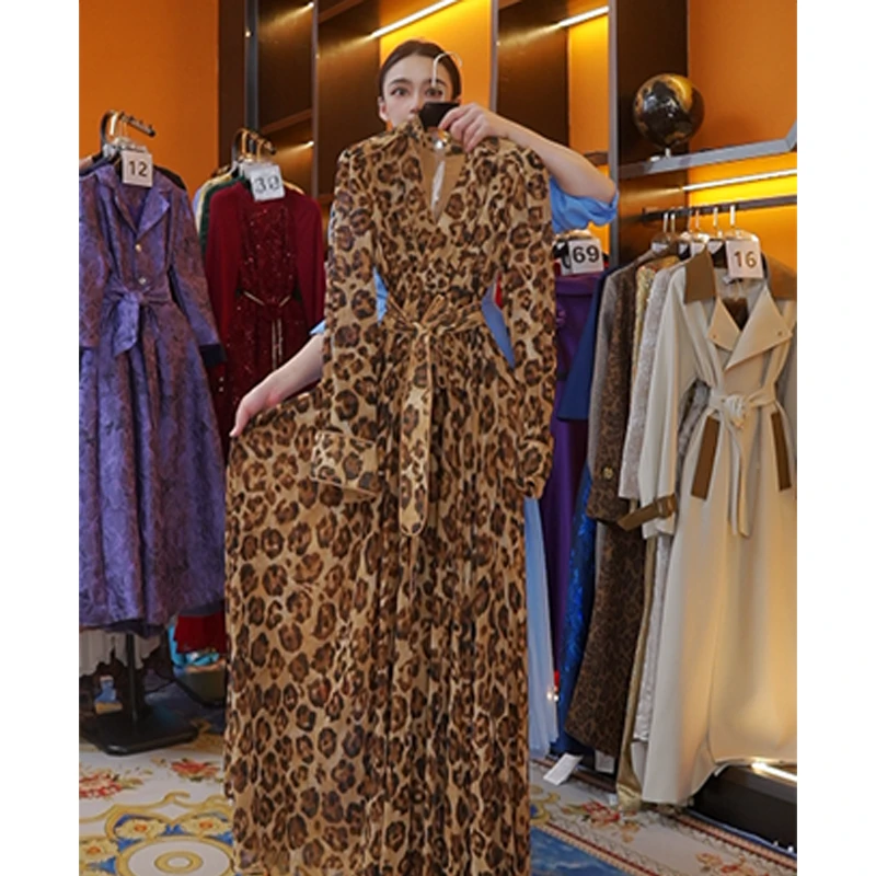 法式轻奢气质高级感重工排褶复古豹纹高腰显瘦大摆连衣裙