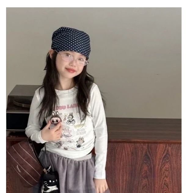 2025秋季女童韩系卡通印花拉布布薄款抽绳圆领短款白色T恤25244