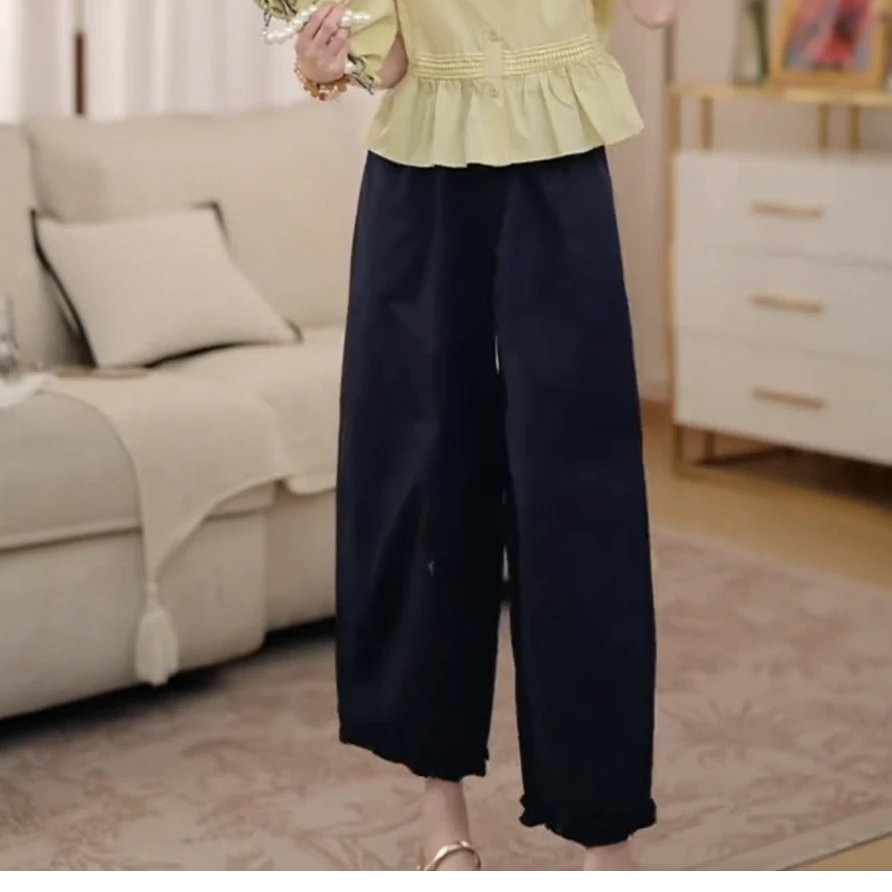 花边阔腿休闲裤女纯色2025年夏季新款小个子高腰显瘦九分直筒裤