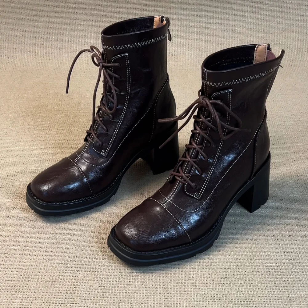 RubyL/7.5cm小个子复古风通勤百搭方头系带短筒粗高跟瘦瘦靴女款