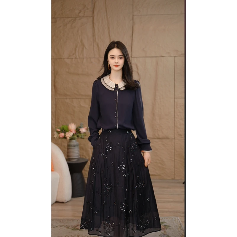 【南桥甄选】流光风衬衫上衣8593017藏青色衬衫女小众气质宽松洋气