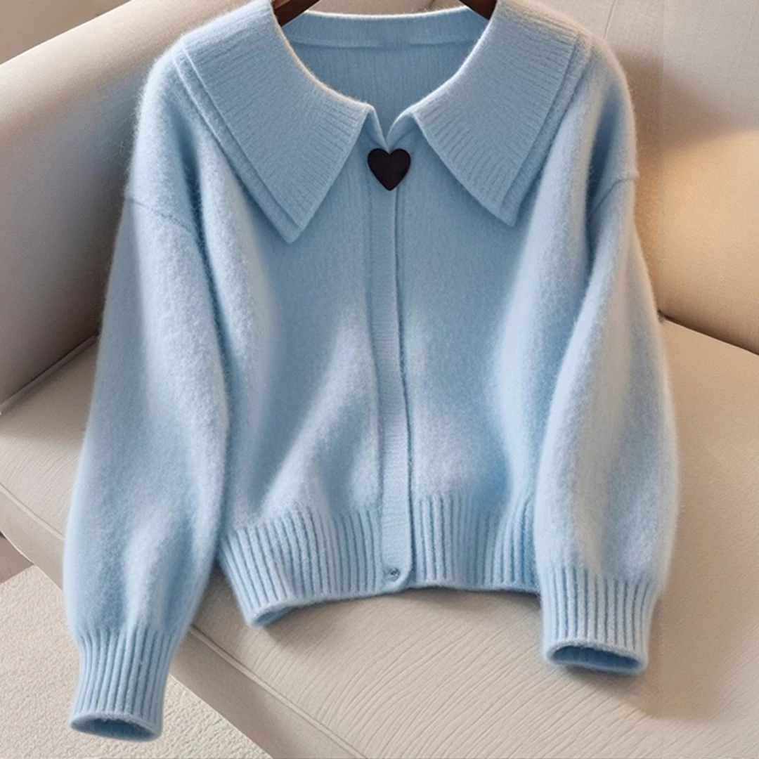 2025年秋季新款外搭宽松漂亮小衫上衣小香风漂亮蓝色翻领针织衫女