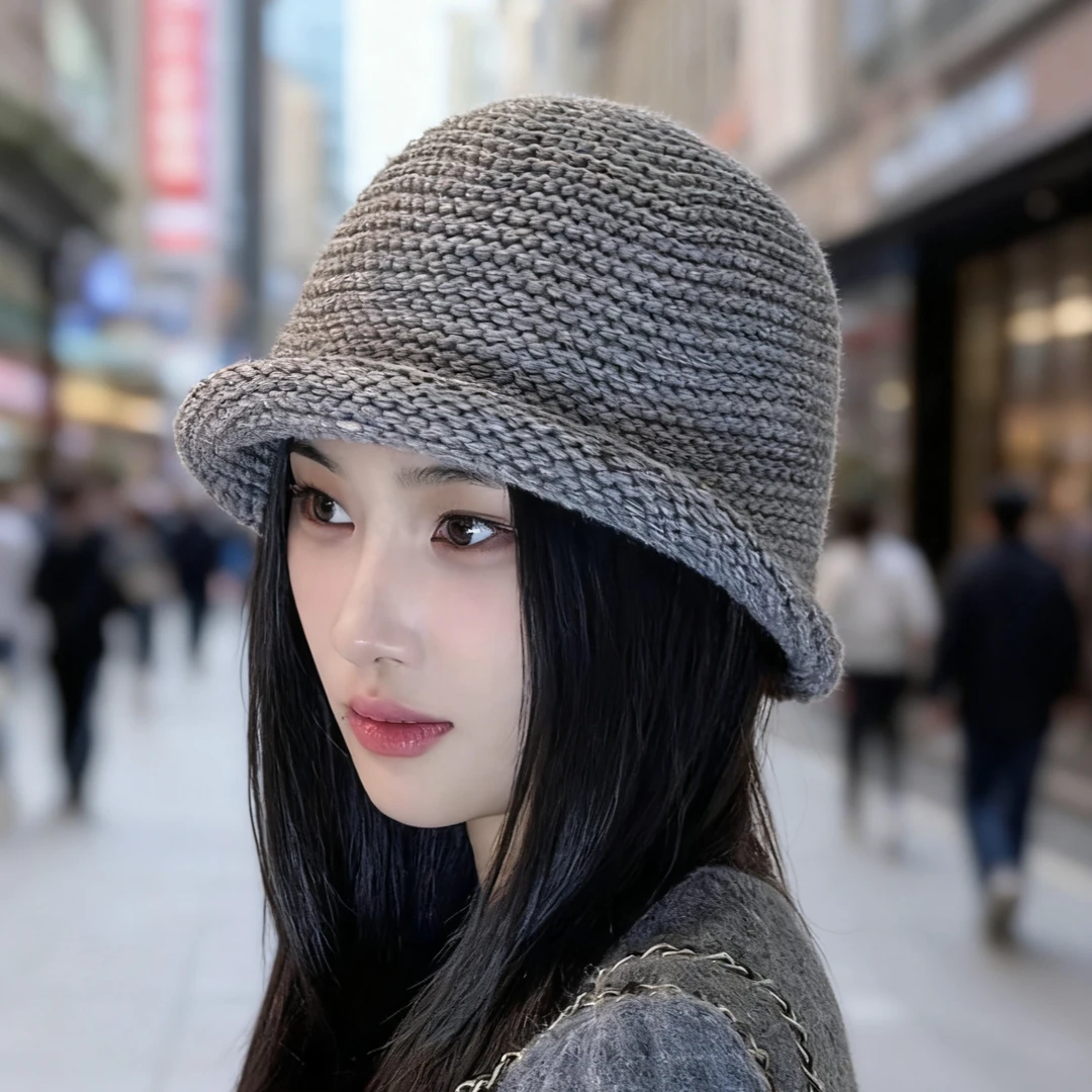 韩版百搭显脸小针织渔夫帽女卷边不规则前长后短盆帽秋冬新款时尚