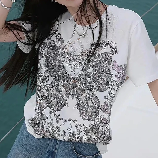 未使用 DIOR/迪奥 白色蝴蝶印花T恤413T09A4522 13013470