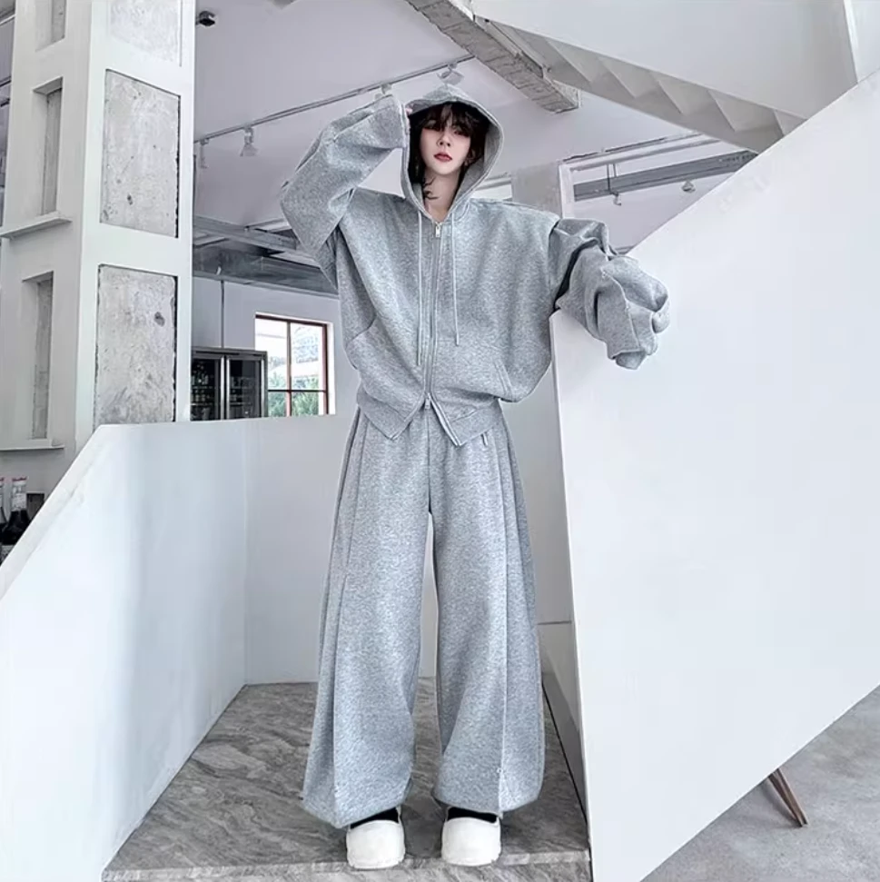 秋季美式高街连帽开衫廓形垫肩卫衣套装男搭配运动阔腿长裤两件套