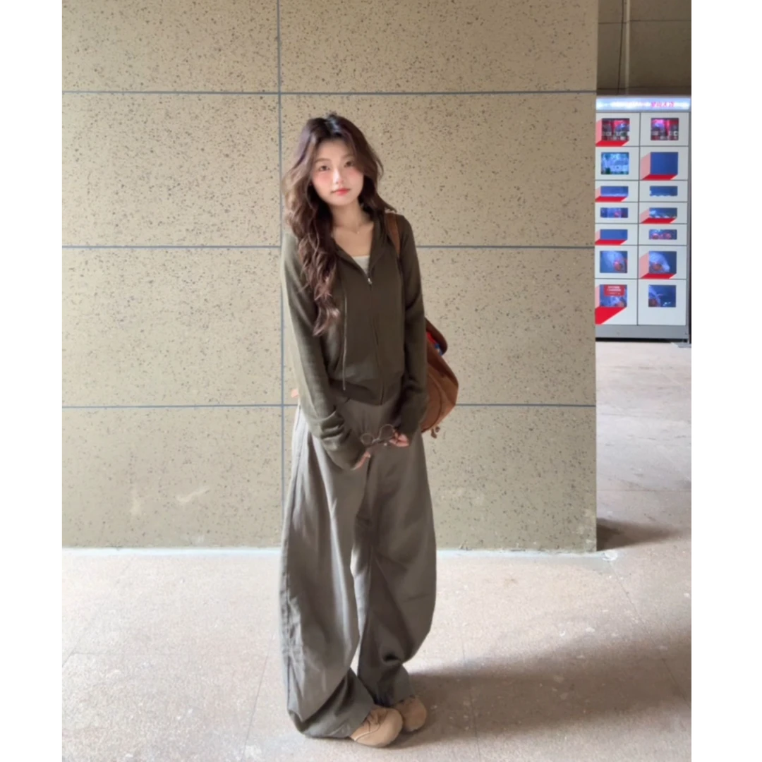 韩系穿搭修身百搭长袖连帽开衫气质高腰显瘦阔腿长裤套装女X11248