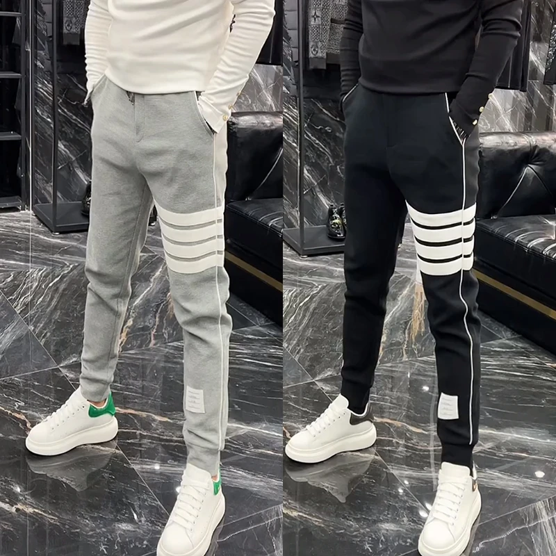 潮牌经典休闲卫裤男秋冬四条杠弹力修身束脚裤青年百搭运动哈伦裤