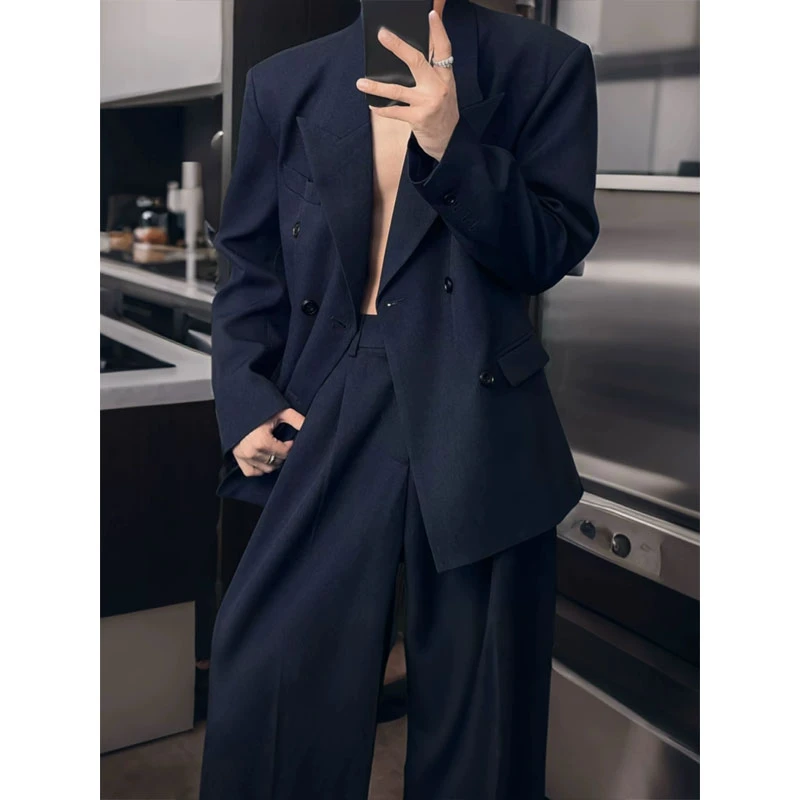 明星同款高级宽松休闲痞帅西服男套装小众设计百搭时尚西服直筒裤