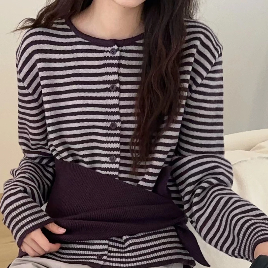 S1544韩系针织披肩条纹圆领针织开衫两件套秋冬慵懒风修身上衣