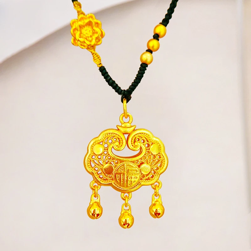 GULI镀K金 【祥云平安锁】长命锁莲花绳挂坠项链