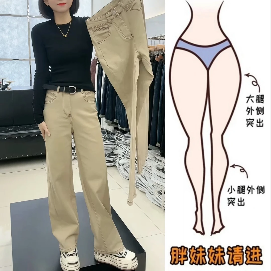 Aimeerosa/艾洛莎简约百搭窄版直筒牛仔裤女秋季新款高腰显瘦长裤