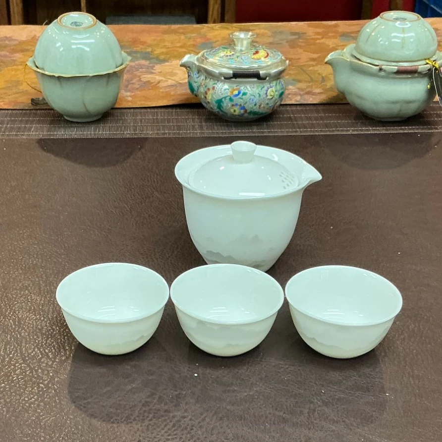 【沉鱼】羊脂玉瓷远山一壶三杯带旅行茶具套装便-kk0642