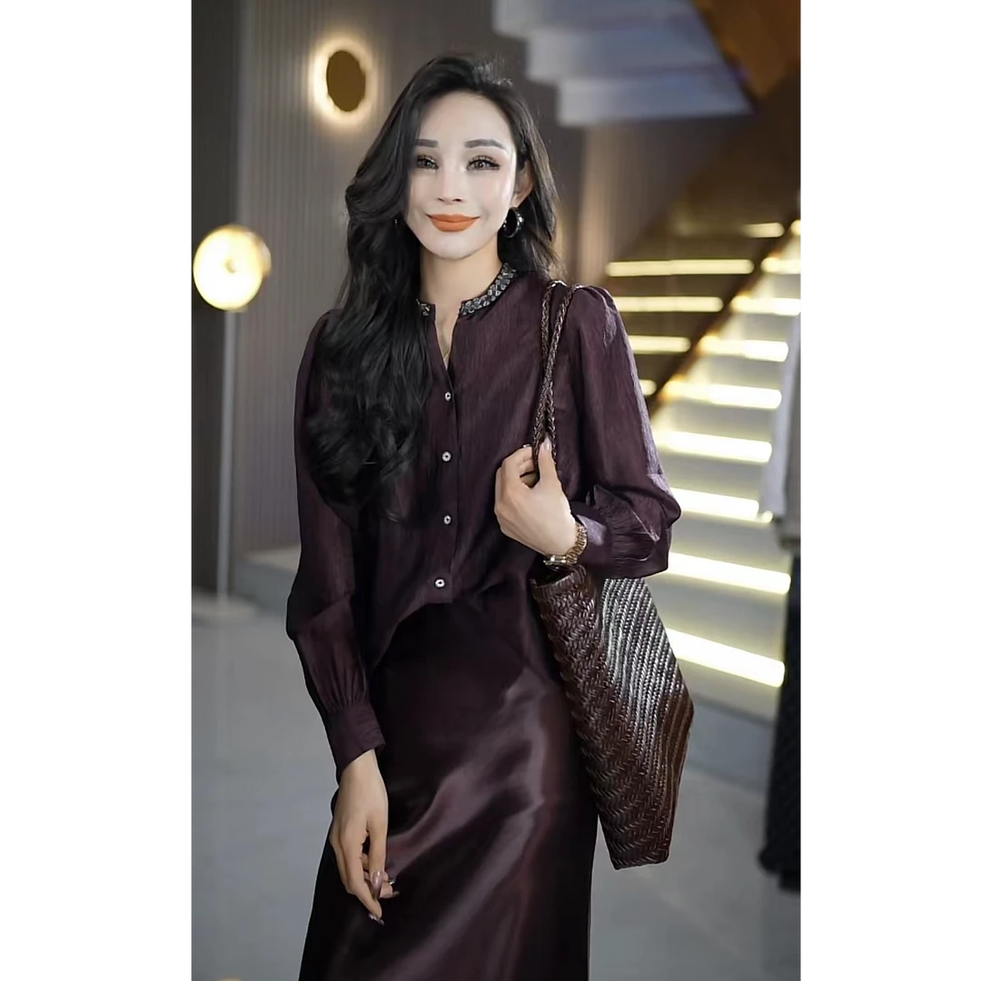 气质时尚百搭显瘦杨柳皱醋酸圆领钉珠长袖衬衫衬衣ML25726C