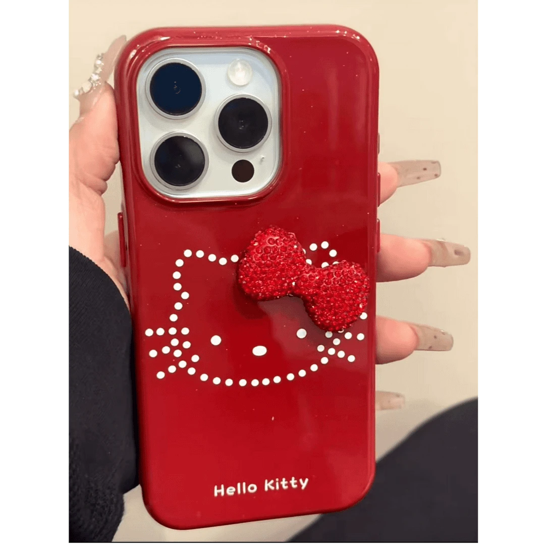 卡通红底kt猫蝴蝶结适用iPhone16promax手机壳苹果15/14新款13软
