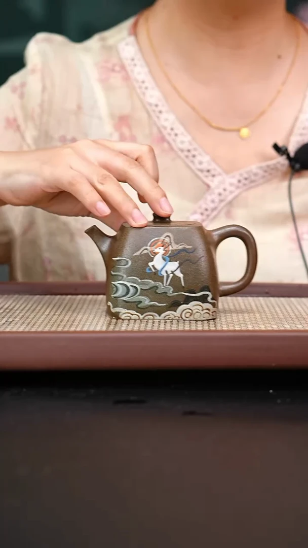 茶壶紫砂蟹壳青柴烧四方汉铎泥绘250