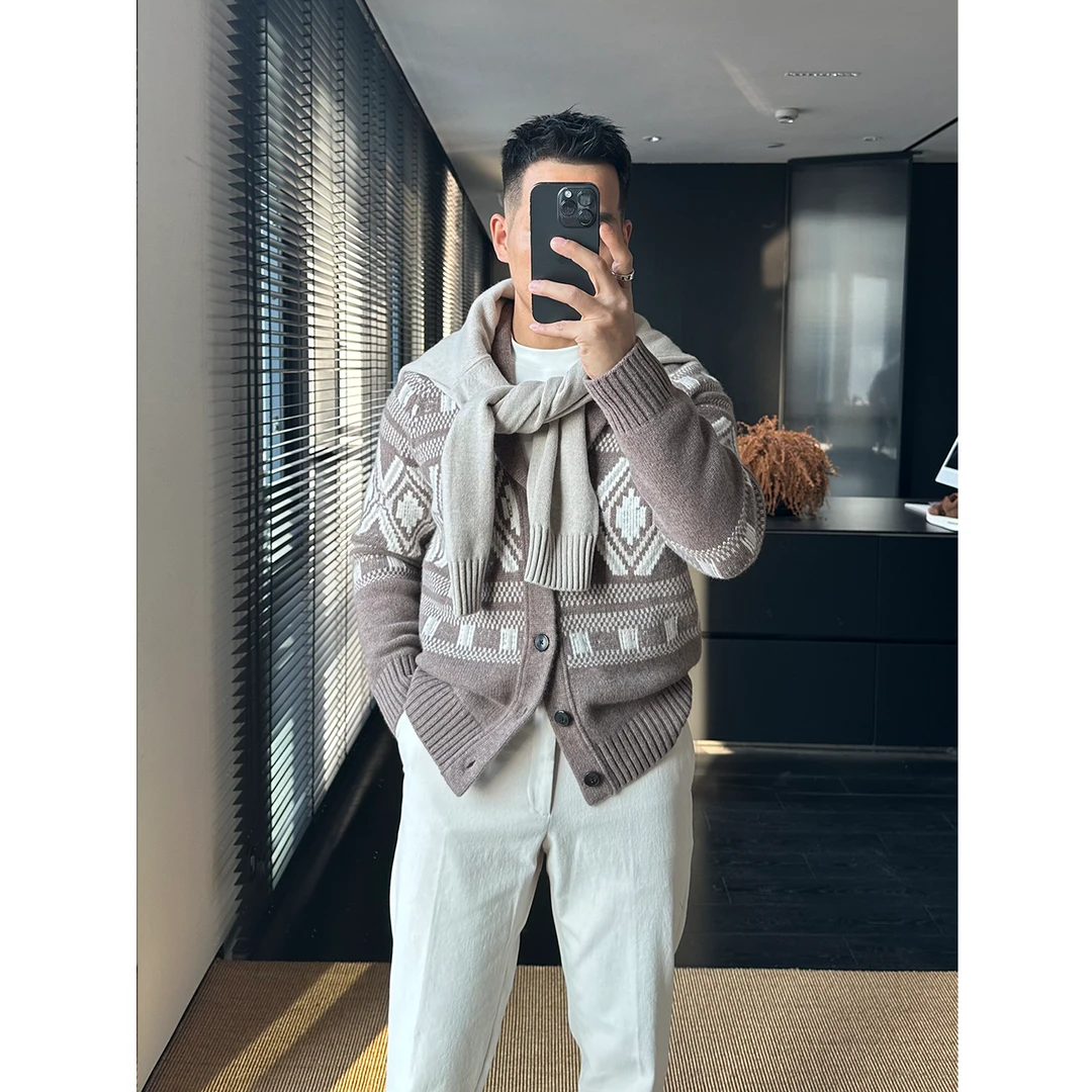 DAN LANG 501# 费尔岛 青果领羊毛针织外套