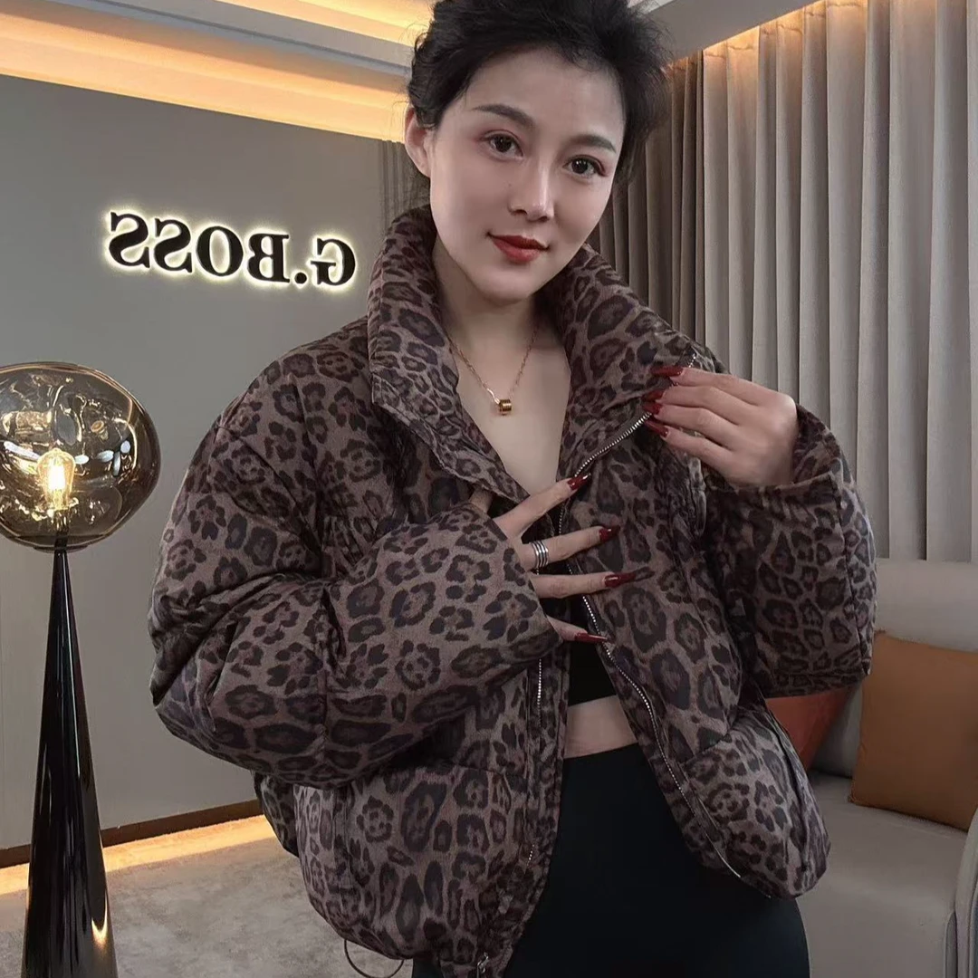 【耿老板6005#M】时尚立领豹纹精致短款设计感穿搭白鸭绒羽绒服战袍