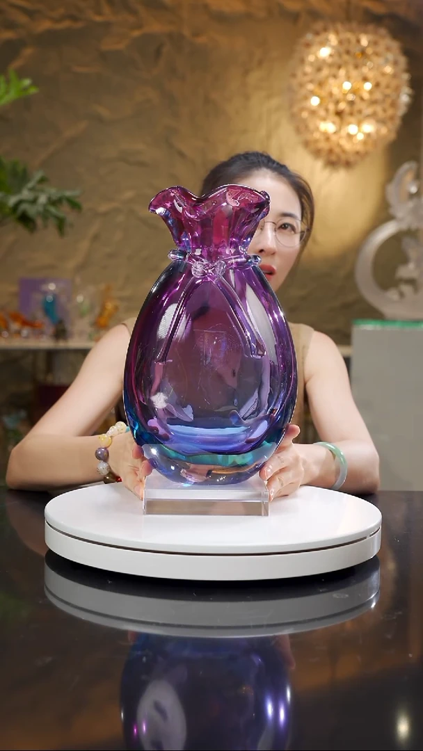 琉璃手工艺品金红蓝钱袋子花器带底座