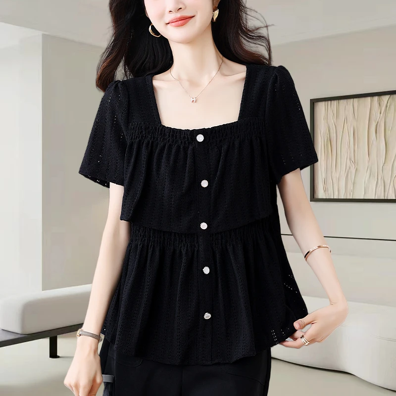 黑色方领短袖衬衫女2025夏季宽松遮肚显瘦设计感洋气百搭镂空上衣