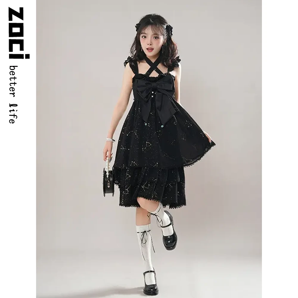 黑贝壳烫金星座蝴蝶结设计感lolita裙黑色连衣裙2025夏季小黑裙子
