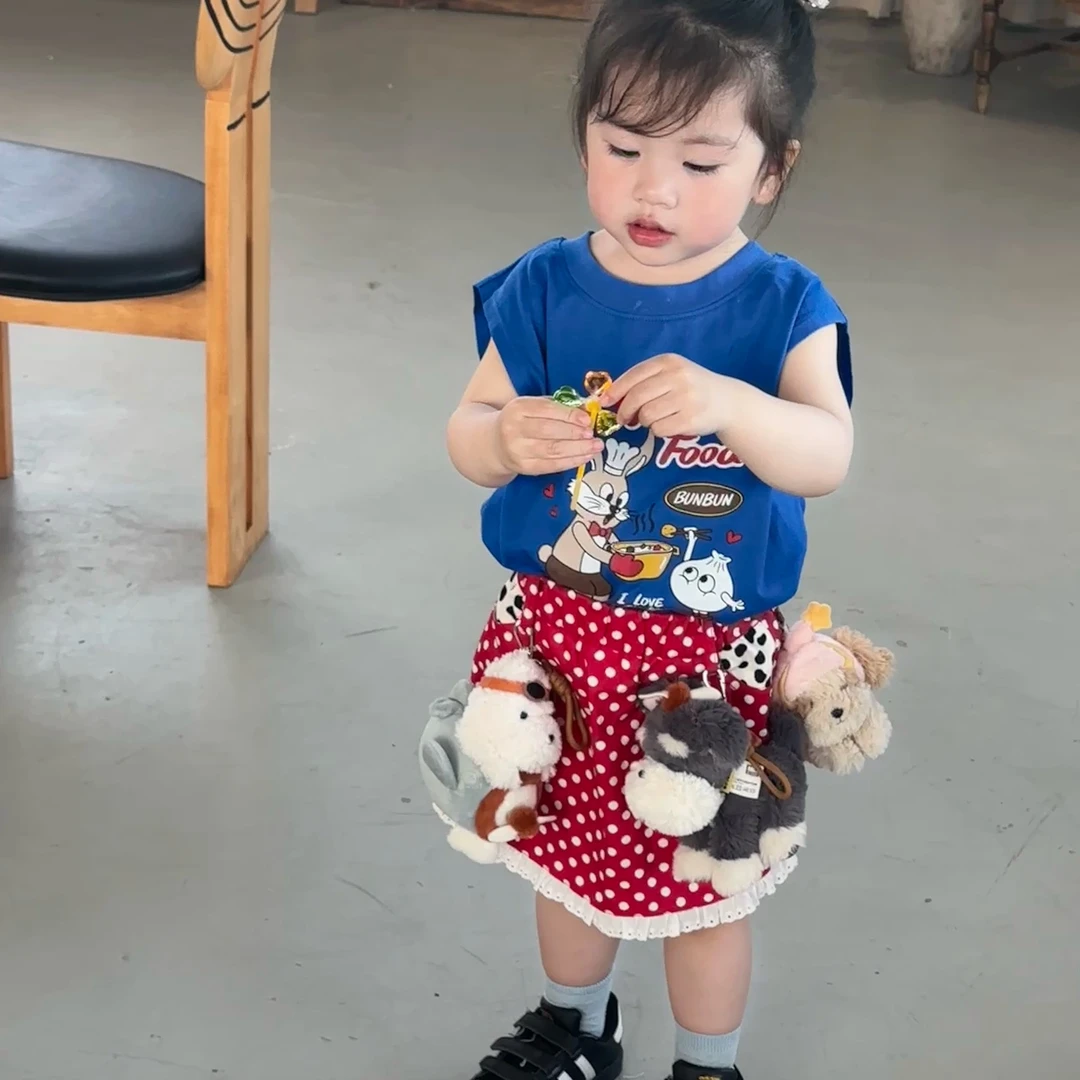 壹妈小女孩洋气韩范衣服2025夏季多巴胺卡通蓝色背心波点半裙套装