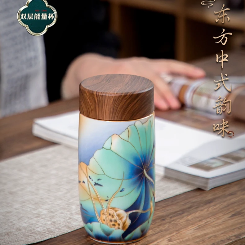 春意 成艺陶瓷珐琅彩双层水杯荷悦车载户外杯-4378（直播专享）