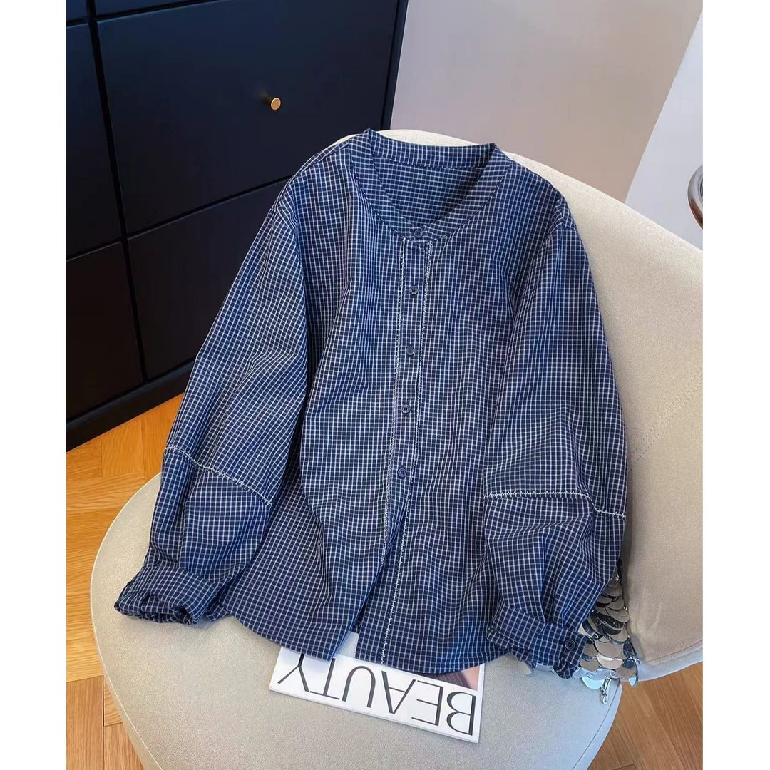 复古格子刺绣拼接长袖衬衫女2025早秋宽松洋气格纹设计感开衫上衣