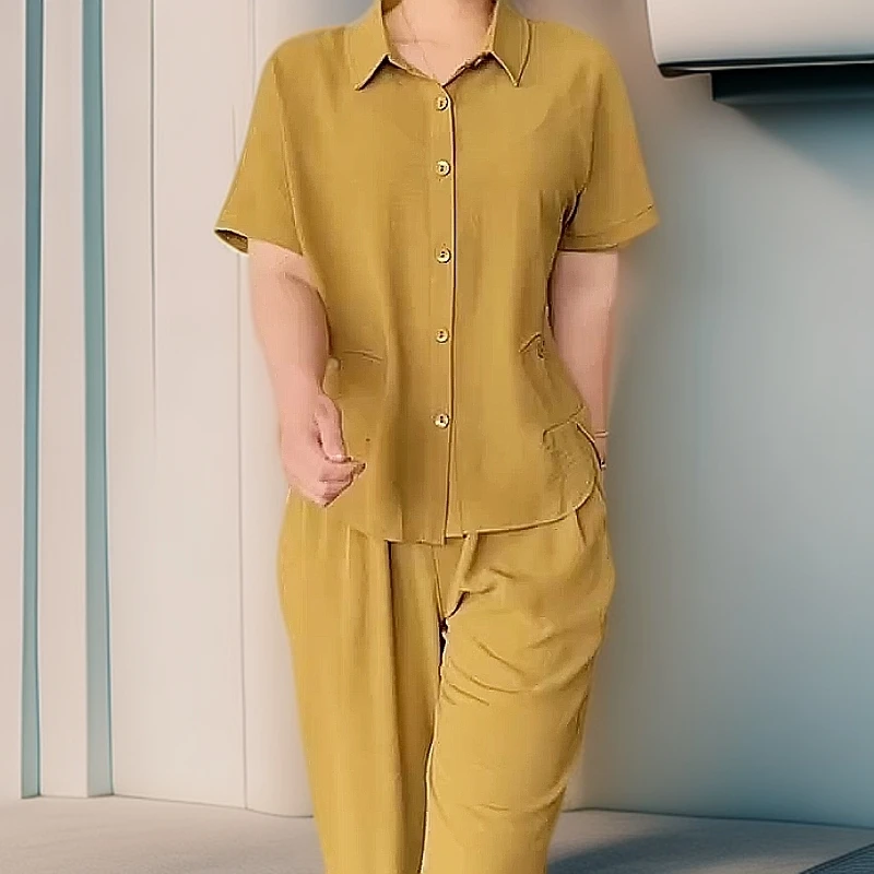 夏季时尚简约净版麻纱翻领开衫两件套宽松显瘦套装休闲百搭女装