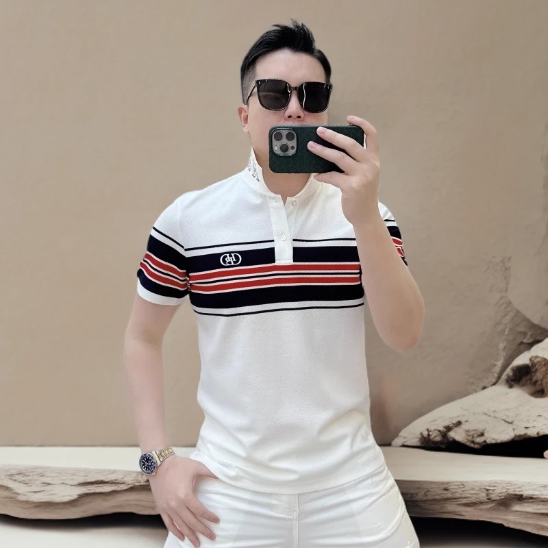 诺顿雷斯夏季欧货潮牌男时尚修身徽章翻领帅气条纹纯棉短袖POLO衫