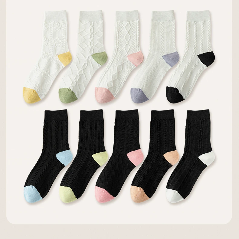 早秋提花透气中筒袜纯色刺绣运动风中筒袜W3115