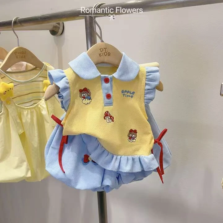 2026女童夏季新款可爱风卡通公主翻领上衣配花苞裤白雪公主套装
