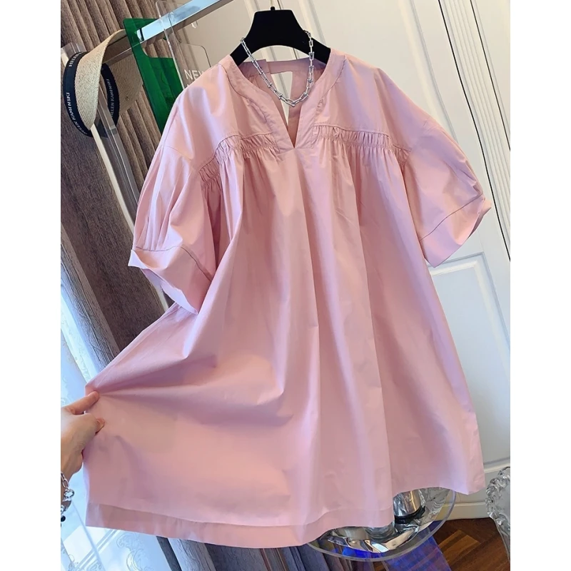 P0201时尚独特超好看法式泡泡袖短袖衬衫连衣裙宽松大版上衣女夏