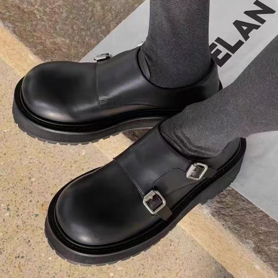 诗歌兰真皮乐福鞋女2025春款时尚圆头厚底皮带扣显瘦小皮鞋