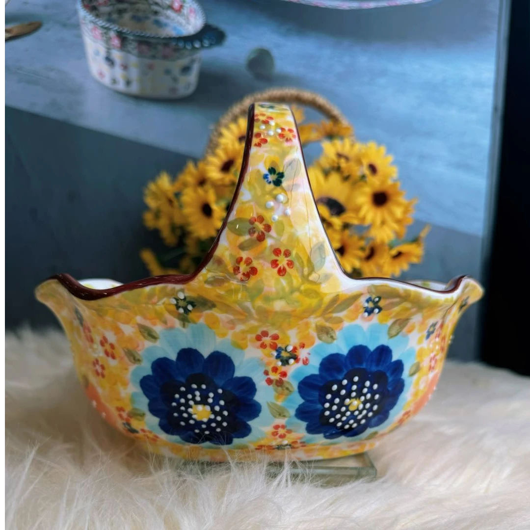 新疆包邮【莫奈花园蓝椭圆水果篮】手绘轻奢陶瓷复古带手提陶瓷果篮