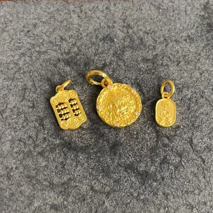 足金999 古法黄财神平安算盘吊坠