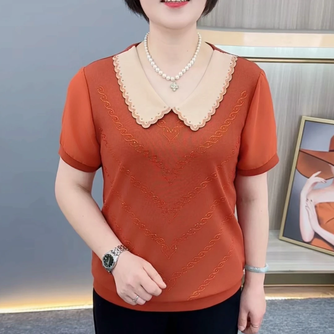 时尚洋气中老年人妈妈装夏装纯色宽松休闲减龄高档短袖上衣H858