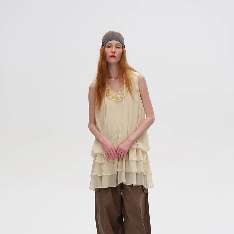 【VENA LABEL】新品25早秋荷叶边U型领抽绳无袖多层下摆蛋糕裙