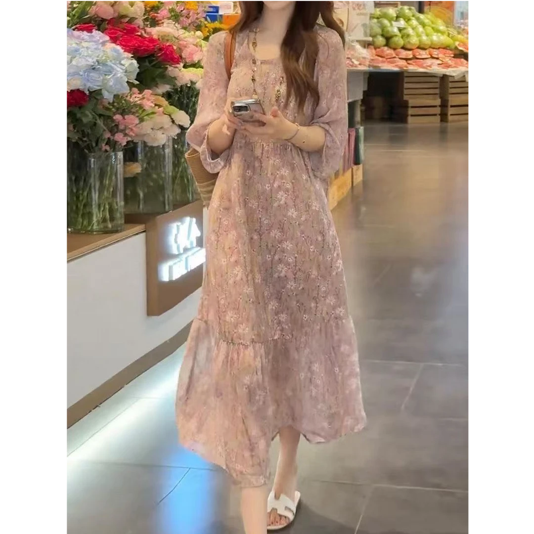高级感法式轻奢气质印花连衣裙2025夏季新款宽松显瘦碎花长裙A550