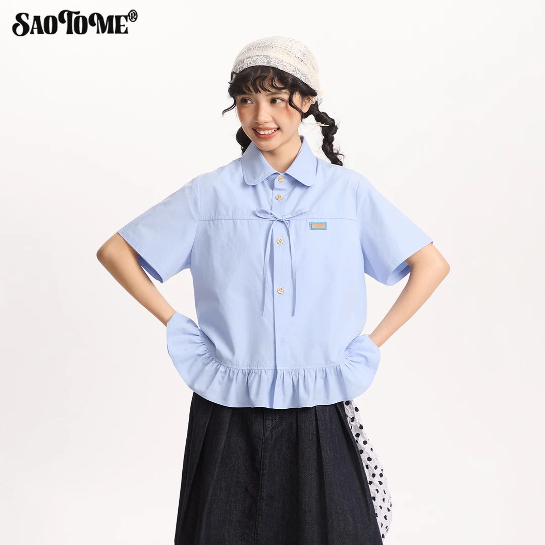 早乙女惠子saotome日系学院风波浪下摆绑带翻领短袖衬衫2192