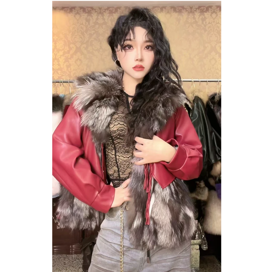 023红色欧美风INS风女休闲风短外套大毛领气质女装