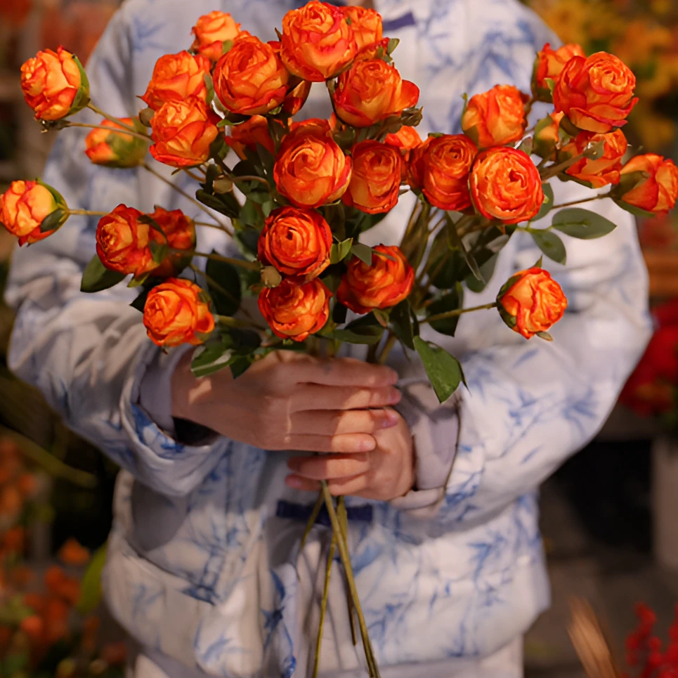 橙色芭比泡泡玫瑰花 7头玫瑰花 焦边玫瑰花 仿真花 餐桌花