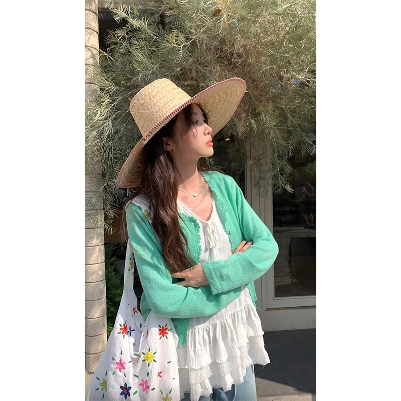 套装女2025春秋新款休闲百搭绿色长袖针织开衫背心吊带百褶裙上衣