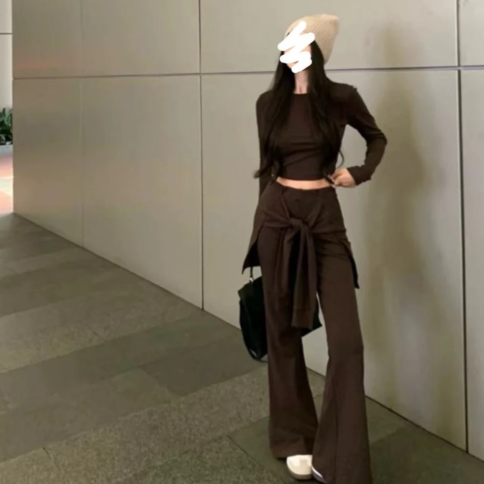 复古气质辣妹修身显瘦设计感上衣套装女韩系假两件绑带裤子两件套