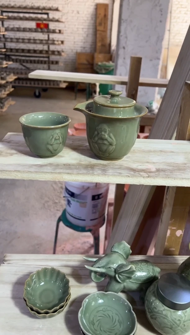 耀州窑青瓷三不猴快客壶+三不猴小杯