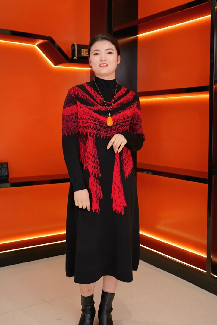 披肩印花气质优雅显瘦连衣裙中年妈妈装长款过膝长裙针织裙