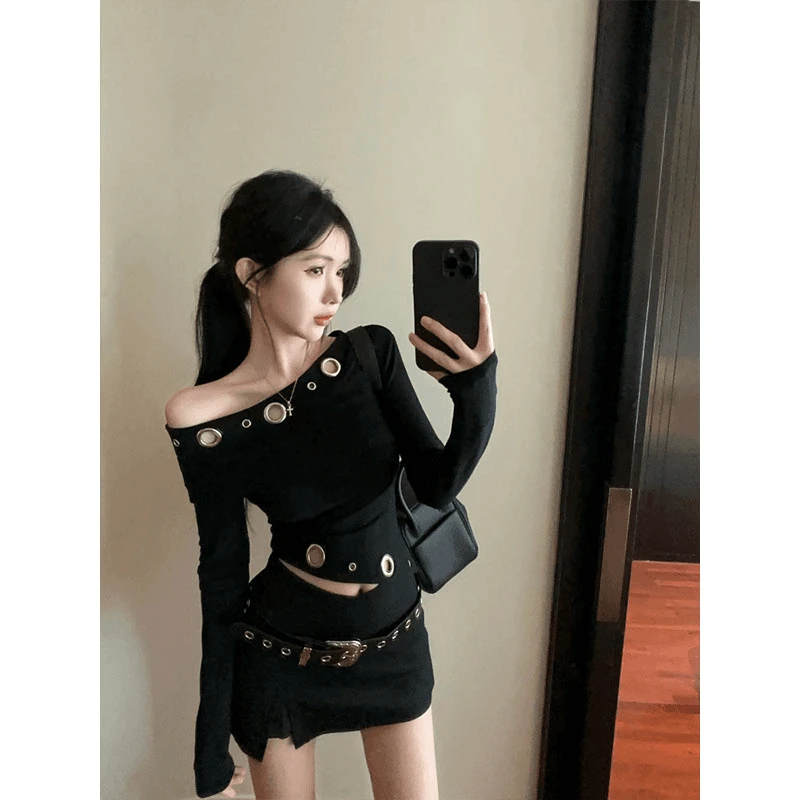 早秋美式辣妹不规则镂空斜肩打底衫内搭长袖上衣高腰气质纯欲裙裤