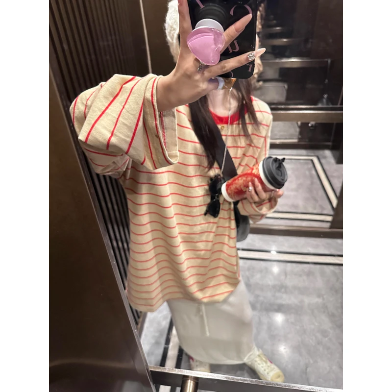 宽松时尚休闲撞色百搭长袖上衣潮2025夏季小众红色条纹设计T恤女